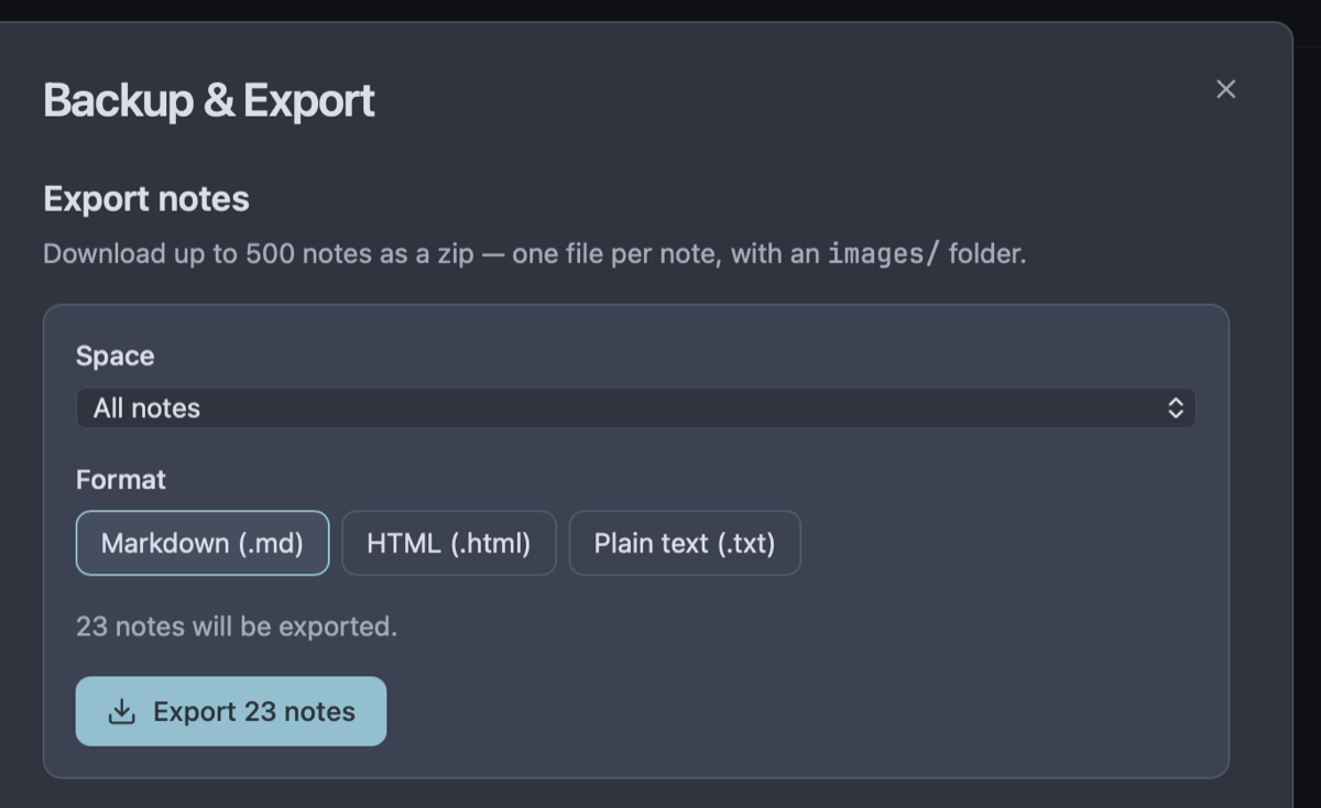 Owldo bulk export screen for exporting all notes at once