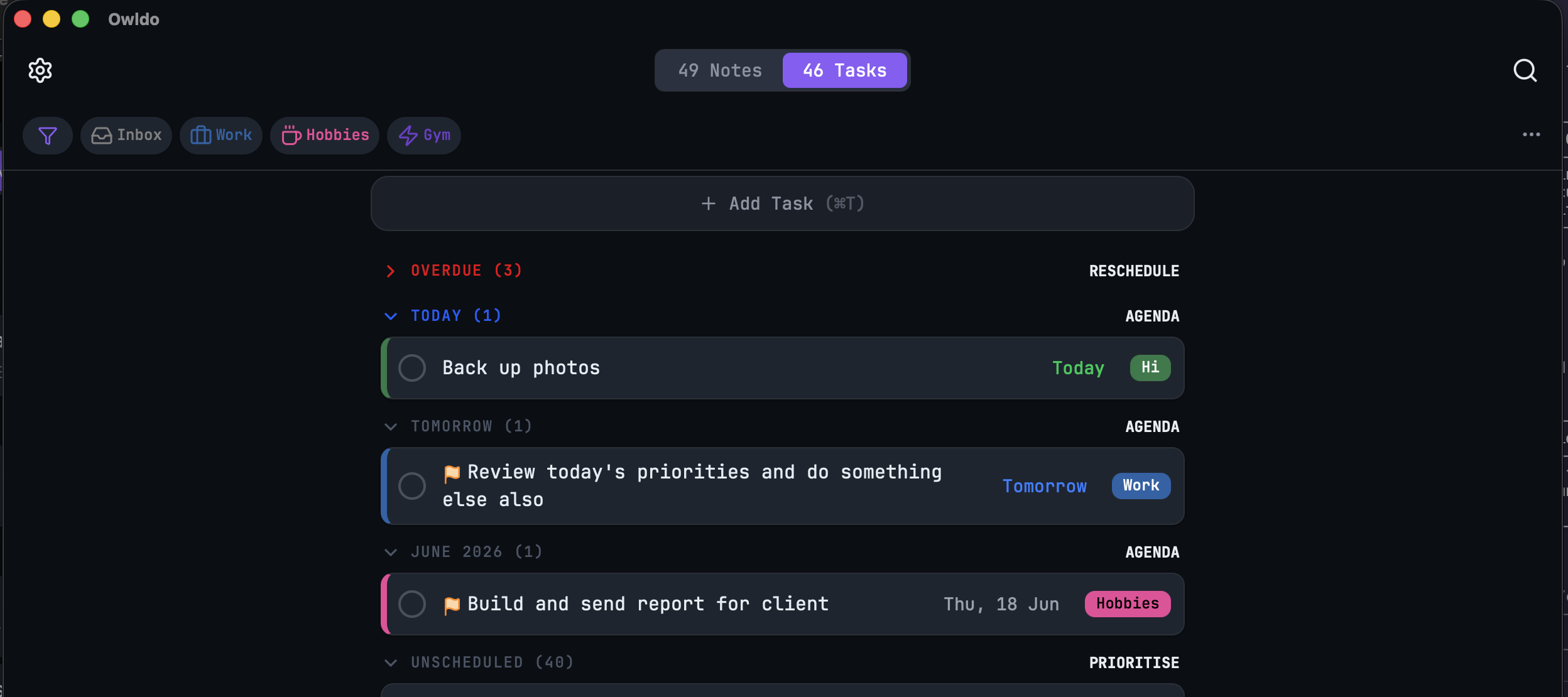 Owldo desktop app — a Space open with the task list on one side and a note on the other. Show the unified layout.