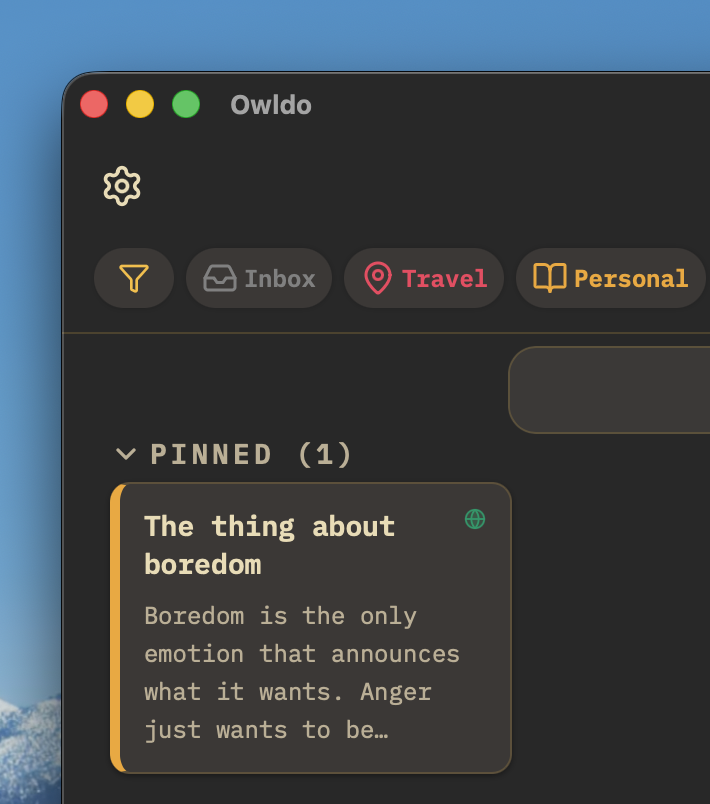 Owldo note pinned as a floating always-on-top window on macOS