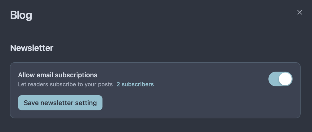 Owldo newsletter settings to let readers subscribe to a blog