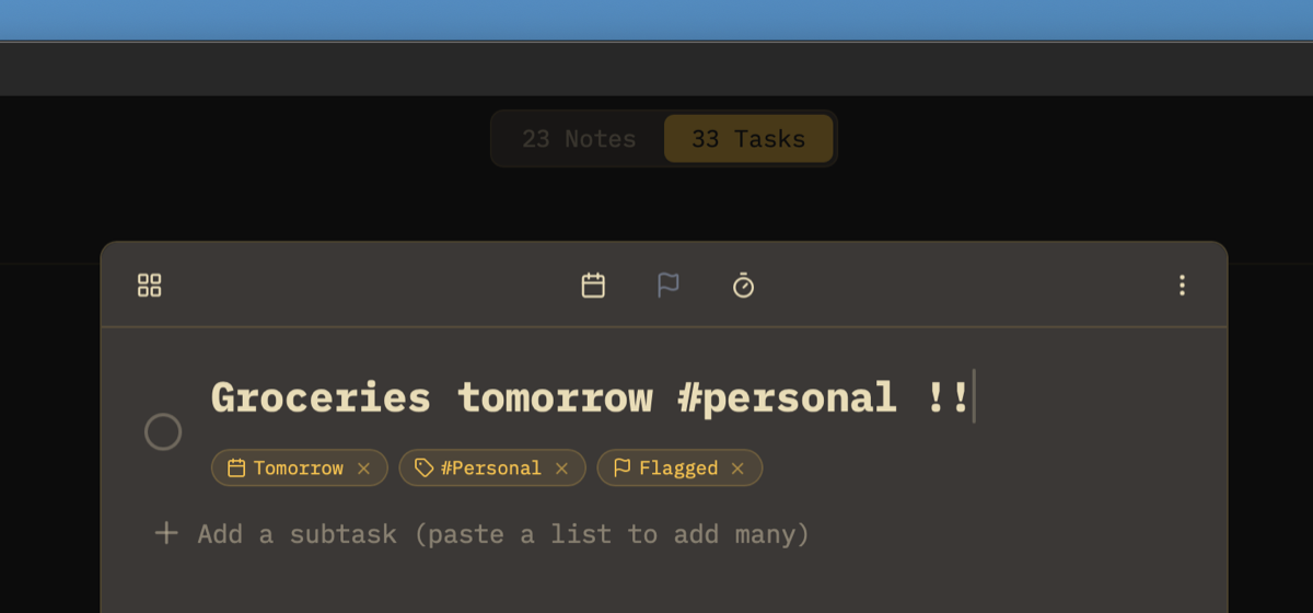 Owldo quick-add parsing a typed sentence into a due date, Space and flag