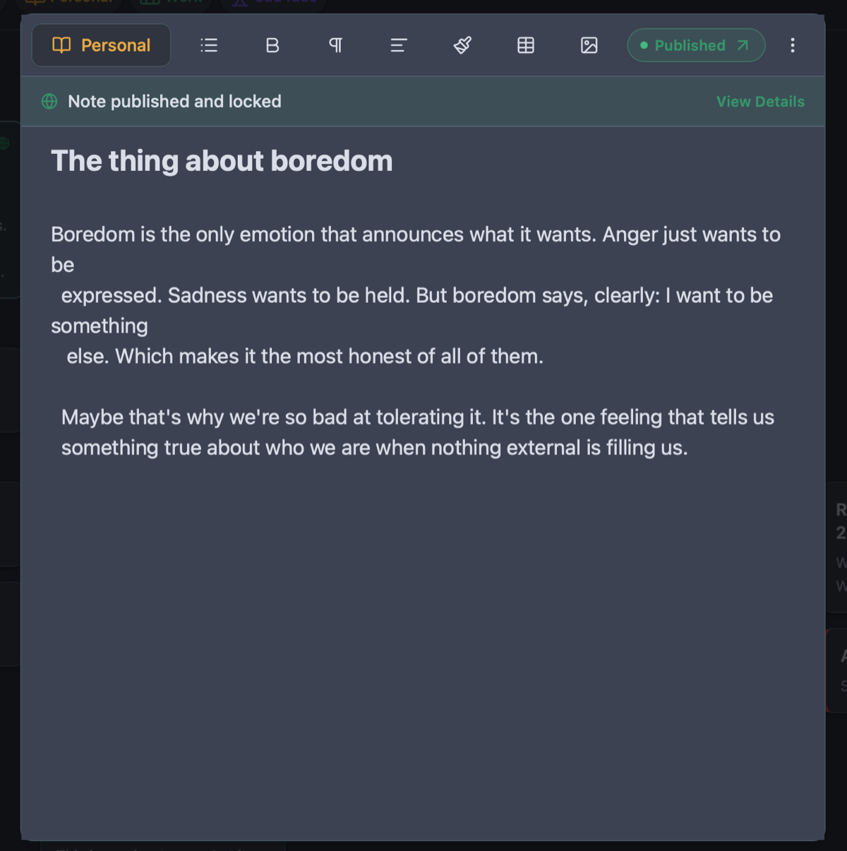 Owldo note detail view with rich text formatting, headings and lists