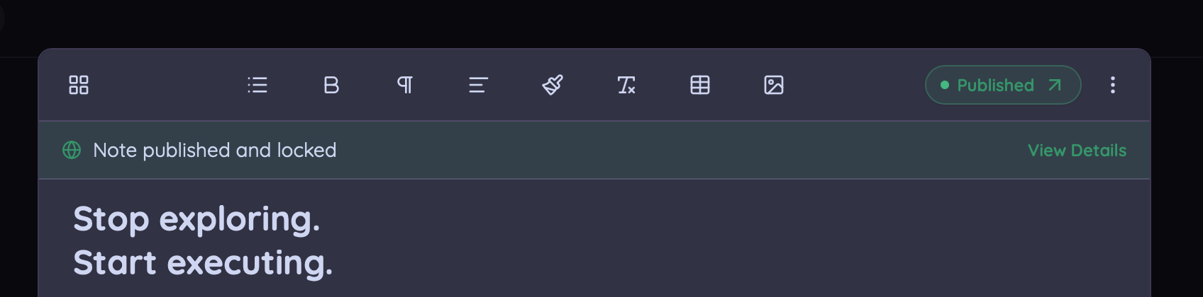 Owldo editor toolbar with a green Published pill and a "Note published and locked" banner