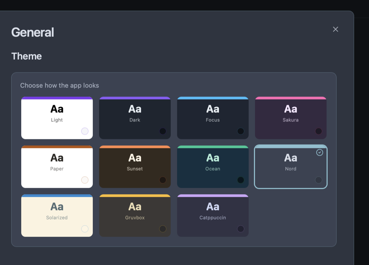 Owldo theme picker showing multiple light and dark colour themes