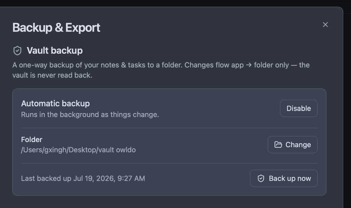 Owldo local vault backup settings for exporting all data